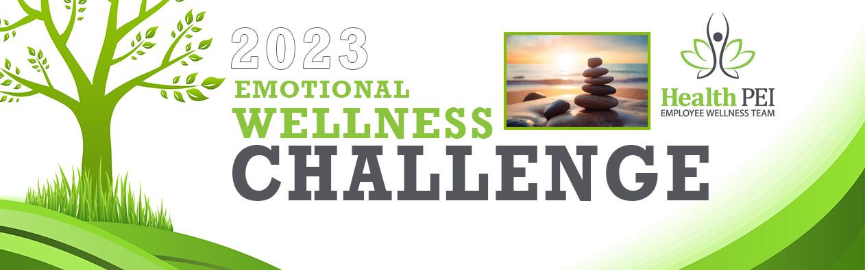 2023 Emotional Wellness Challenge banner with a graphic of a tree and a photo of a serene pile of rocks on a beach